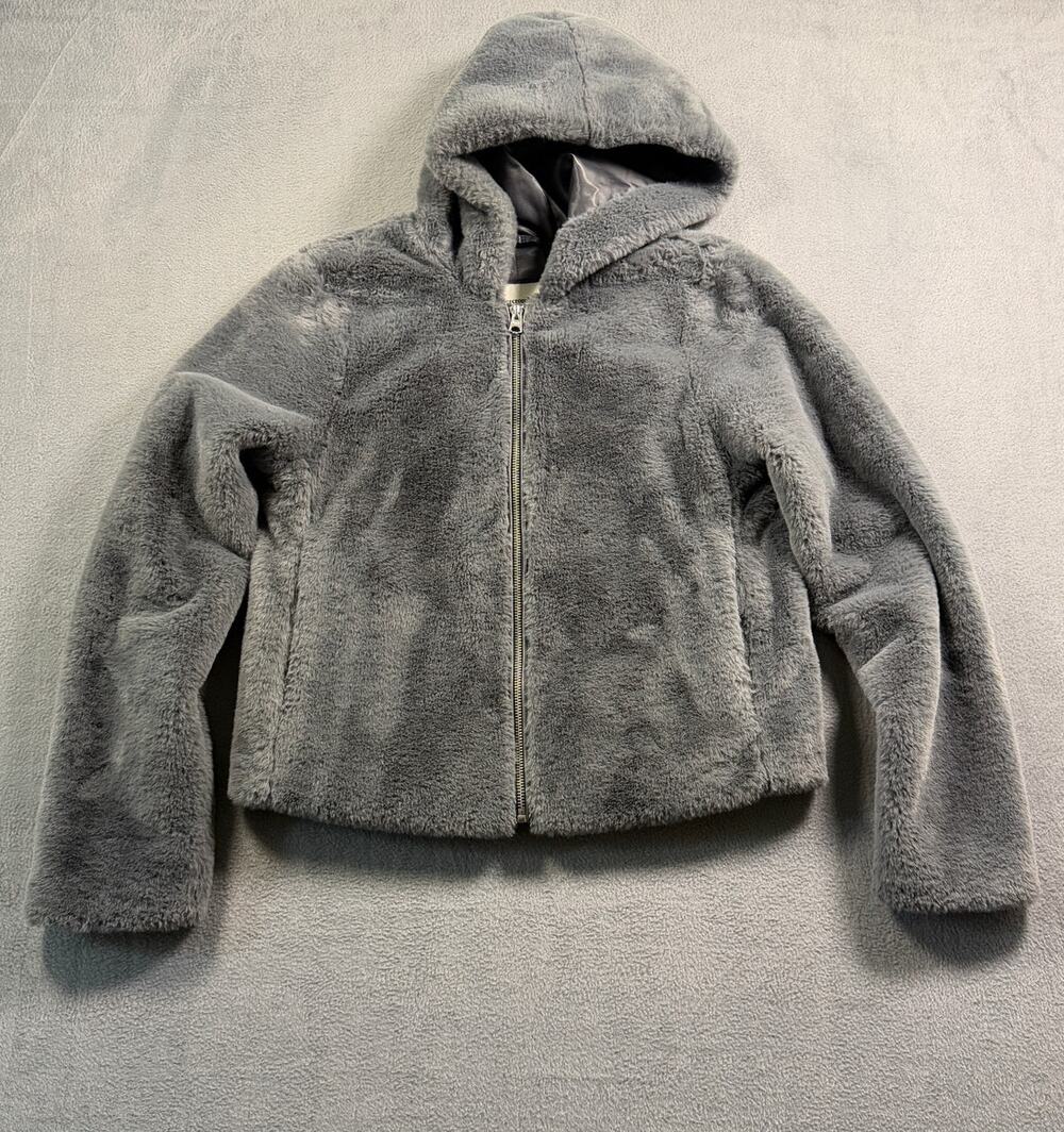 Abercrombie & Fitch Hooded Teddy Jacket Womens XS Gray Faux Fur Full Zip Fleece
